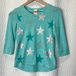 FADED GLORY Teal & Silver Stars 1/4 Sleeve Tee